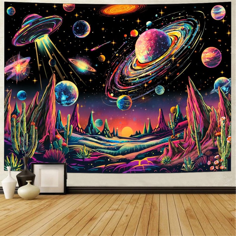 Tushelia Blacklight Galaxy Space Tapestry Neon Planet UFO Tapestries UV