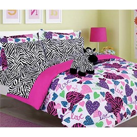 Girls Kids Bedding-Misty Zebra Tween Teen Dream Bed in A Bag. Twin Size Comforter Set, Sheet Set and Plush Zebra Included-Love, Hearts-Hot Pink, Turquoise Blue, Purple, Black and White