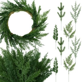 Suncalla 100 Pcs Christmas Artificial Pine Branches Assorted Faux Picks Cedar Leaves Needle Sprigs Plastic Christmas Greenery Pine Stems for Xmas Wreaths Garlands DIY Accessories Home Garden Decor