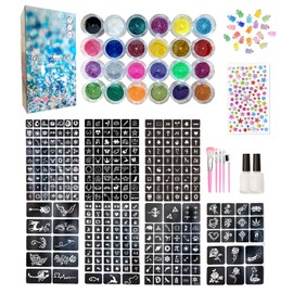 Temporary Glitter Tattoos Kit for Kids, 24 Body Glitter, 295 Stencils, 2 Glues, 5 Brushes, 1 Diamond Sticker, 20 Turtle Rhinestones, Adults & Kids Arts Glitter Makeup Kit, Gift for Birthday Festival