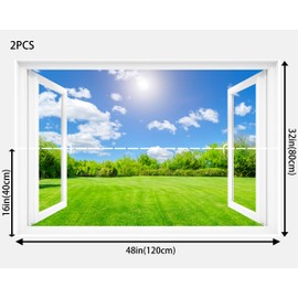 Fake Window Decal - 48"x32" Pre-Cut Vinyl Wall Art (Top & Bottom Panels) | Nature Landscape Scene Mural Sticker | Removable Peel & Stick Decor