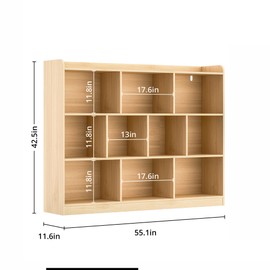 DIYART Oak Bookshelf, Wood Bookcase with 3 Tier Open Shelves, 10-Cube Minimalist Storage Shelf for Living Room, Bedroom, 55.1" W x 42.5" H