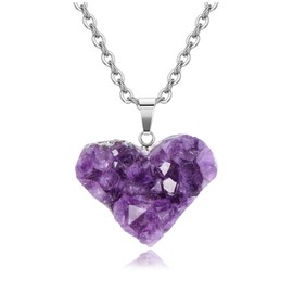 GEHECRST Women's Amethyst Druze Necklace with Amethyst Heart Pendant Crystal Chain Natural Crystal Cluster Pendant Healing Stones Pendant Lucky Charm Jewellery for Women Girls, Gemstone