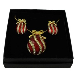 Lilylin Designs Red Enamel and Clear Crystals Christmas Ornament Necklace and Pierced Earring Gift Set