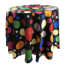 New Creations Fabric & Foam Inc, Happy Birthday Tablecloth Multi Color Polka Dot Satin Tablecloth (Multi Color Dot on Black, 54" Round)