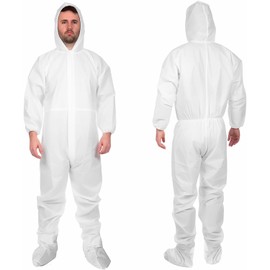 EZGOODZ Disposable Coveralls with Hood, Boots Medium. 5 Pack White Paint Coveralls Disposable. Microporous 50 GSM Liquid-Proof Hazmat Suits Disposable, Elastic Wrist, Zipper Front