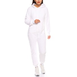 Crazy Age Teddy fleece teddy fur jumpsuit fluffy and cuddly soft warm onesie full body suit warm (Lacy) - White, size: 3xl