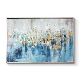 Abstract Blue Canvas Wall Art: Framed Picture Gold Foil Artwork Hand Painted Painting for Living Room (45''W x 30''H, Multiple Sizes)