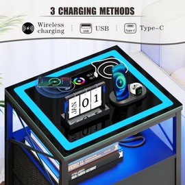 Dystler End Table with Charging Station,Glass Top Night Stand with LED Lights,Nightstand with 3 Drawers for Bedroom,Morden Side Table with Storage Shelves for Small Space,Black