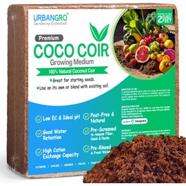 Premium Coco Coir by URBANGRO Gardening Essentials - Natural Growing Medium for Plants - 10 lb Compressed Block Expands to Over 2 Cubic Feet - Ideal for Houseplants, Hydroponics, & Container Gardening