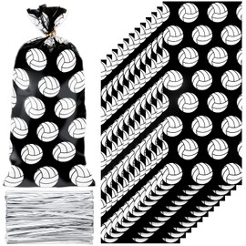 Outus 100 Pieces Black Volleyball Party Cello Bags Plastic Volleyball Goody Gift Treat Bags Cellophane Bag with 200 Pieces Black Twist Ties for Birthday Party Favors Goody Desserts Bags Supply