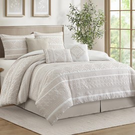 LANCO MODERN LIFESTYLE 7 Piece Queen Comforter Set, Beige, Elegant Jacquard with Patchwork, Stylish and Cozy Bedding Collection, Premium Bedding Set with Bedskirt, Shams and Pillows