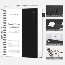 EMSHOI Notebook B5 Dotted Bullet Dot Journal Spiral Notebooks 300 Pages/150 Sheets 100gsm Thick Paper PVC Hard Cover for Women Men Office School Writing 19 x 25 cm - Black