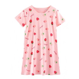 ABClothing Girls Bedtime Dress Strawberry Print Sleep Gown Loose Fit Nightwear for Children Weekend Sleepover