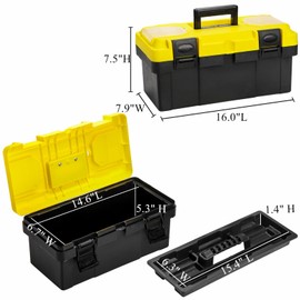 Cididu 16-Inch Plastic Tool Box with Handle, Toolbox with Removable Tray, Heavy Duty Organizer Tool Box, Portable Toolbox Organizer for Household Workshops and Garages, Black & Yellow