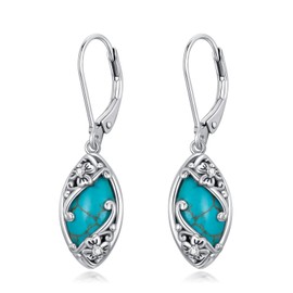 Vintage Marquise Turquoise Earrings 925 Sterling Silver Natural Turquoise Drop Earrings Retro Filigree Turquoise Earrings for Women, Sterling Silver
