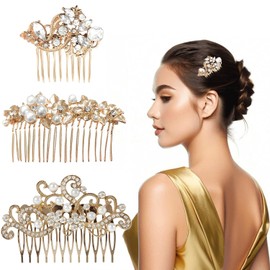 Paquete de 3 Peinetas el borde del pasadores de cristal dorado，Tocado de Novia,Cabello para Mujeres, peines dorado con agarre de dientes para novia, boda, accesorio para el cabello