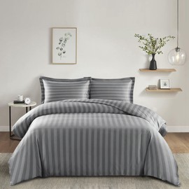 Imperial Rooms Duvet Cover Sets – Stripes Satin Quilt Cover Bedding Sets with Pillowcase, Reversible Ultra Soft Hypoallergenic Microfiber Bed Covers (Grey, Single)