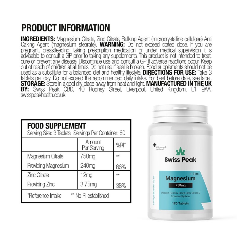 Swiss Peak Magnesium 750mg + Zinc | 180 High-Strength Tablets