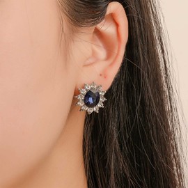 Yienate Wedding Sapphire Jewellery Sets Princess Blue Sapphire Crystal Pendant Necklace Earring Set Sunburst Zirconia Crystal Necklace Earring Stud Bridal Bridesmaid Jewellery Set for Women