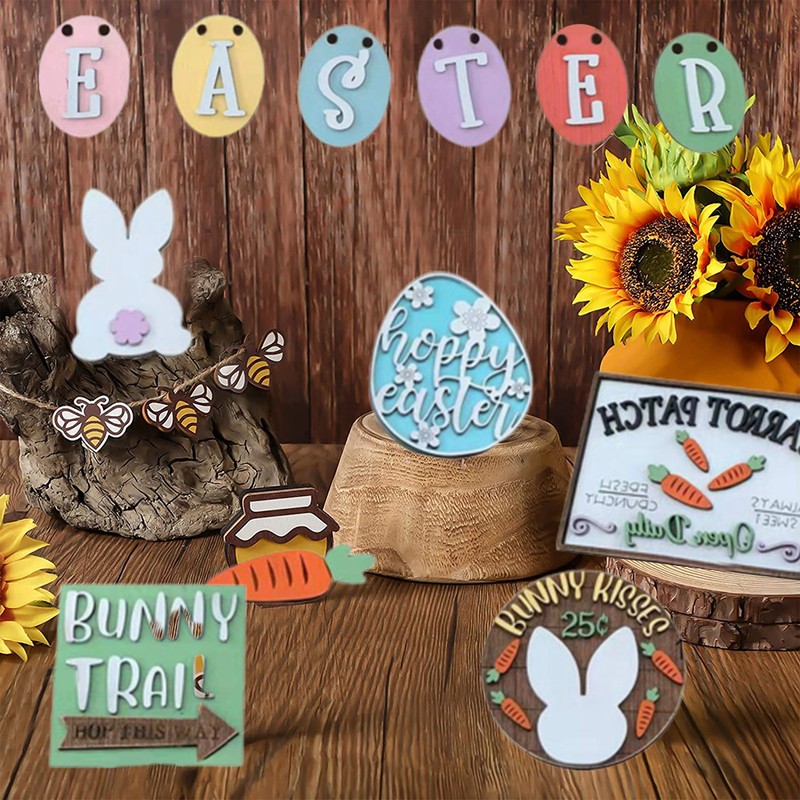 12Pcs Wooden Easter Ornaments Easter Tabletop Wooden Signs Easter Party