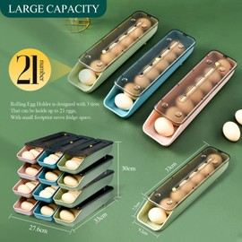 Egg Box with Automatic Rolling, Pack of 3 Egg Storage Box, Stackable Egg Container, Plastic Egg Box for Fridge, Freezer, Pantry Kitchen, 21 Eggs - 3 x 7 (3 Pieces)