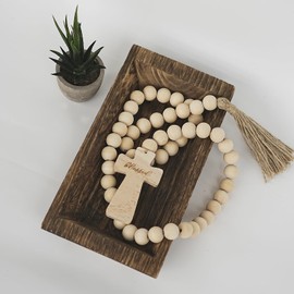 RUIRUICO Wood Bead Garland with Tassels, Blessed Decor with Wooden Cross, Decorative Beads Home Decor, Beaded Cross Decor (44 Inches)