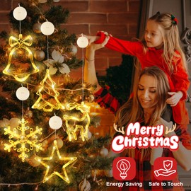 5Pcs Christmas Window Lights Decorations,Lighted Bell-Tree-Reindeer-Snowflake-Star Battery Operated with Suction Cup for Christmas Window Glass Wall Indoor Decorations Muti-Color (Warm White)