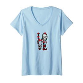 Womens Love Decorated with Rose and Skull V-Neck T-Shirt