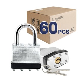 LanuBe Lock Laminated keyed Padlock (1-9/16", 40mm), keyed Alike Locks, Normal Shackle,Marked Black Plastic Hoop, Pack of 60…