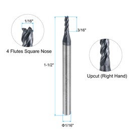 sourcing map 5pcs Carbide Square End Mills, 1/16" Dia AlTiN BN Coated 4 Flutes Milling Bit Cutter, for Hardened Steel Cast iron Alloy Metal, 1/8" Shank 3/16" Cut Length 1-1/2" Long HRC50