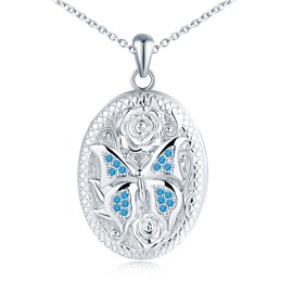 MicLee Locket Photo Necklace for Women Girl 925 Sterling Silver Oval Openable Memory Locket Pendants with Butterfly - Rose Engraving Creative Blue Zircon Butterfly Necklaces