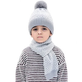 TAGVO Winter Kids Beanie Hat Scarf Knit Set, Warm Beanie Cap with Thick Fleece Lining & Warm Neck Warmer Set, Thermal Elastic Soft Hat Scarf 2 in 1 for Kid Children Girls Boys (Aged 3-8)