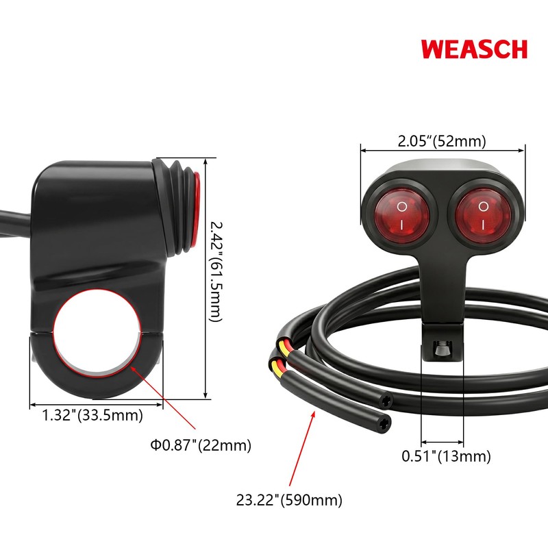 Weasch Universal Dual 7/8" 22mm Motorcycle Handlebar Switch, 12V Waterproof