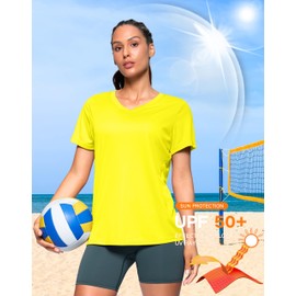 SANTINY Women's V Neck Short Sleeve Shirts Uv Protectioin Moisture Wicking Hiking Workout Athletic T Shirts for Women (Yellow_M)
