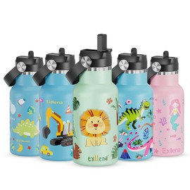 Exllena 350ml Stainless Steel Water Bottle Kids BPA Free with Straw - 100% Leakproof - Kids Insulated Water Bottle with Handle Lid - Easy to Use for Toddlers Girls Boys (Animal World)