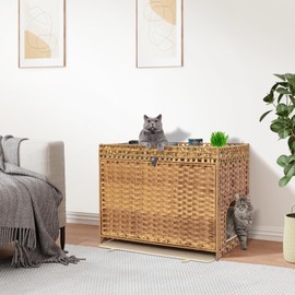 Cat Litter Box Enclosure Furniture Hidden with Soft Mat,Handwoven Rattan Cat House with Door for Large Cats Stylish Hidden Washroom Furniture for Living Room, Bedroom, or Balcony,Natural