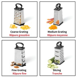 Starfrit Stainless Steel 4-Sided Boxed Grater with Removable Base Cover and Measuring Cup - Corner Cut-Outs to Measure Output (2025 Version)