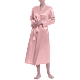 Lavenderi Women's Satin Robe Long Classic Satin Kimono Robe Lounge Bathrobe Robe, Light Pink, Large