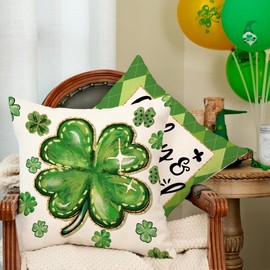GEEORY St Patricks Day Shamrock You're My Lucky Charm Throw Pillow Covers 18x18 Inch Set of 4, Green Mason Jars Holiday Farmhouse Decorative Cushion Cases for Home Decoration G677-18