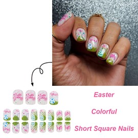 Short Easter Nails Press Ons Colorful Fake Nails with Designs Cute Bunny Easter Egg Grass Pattern Spring Press On Nails Glossy Full Cover Nail Tips Acrylic Short Glue On Nails Stick On Nails for Women