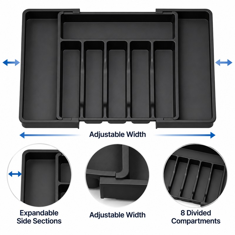 Adjustable Cutlery Drawer Organizer for Kitchen Storage – Expandable 8-Compartment