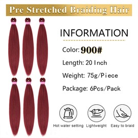 MSMUSAS Braiding Hair Pre Stretched 20 Inch 6Pcs/Pack Braid Hair Extensions for Women Synthetic Yaki Straight Hot Water Setting Burgundy Braiding Hair for Braids(900# 20 Inch)