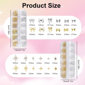 Gold Silber Stern Schleifen Nail Charms, 3 Boxen Metall Nagelkunst Dekorations, Legierung Glitzersteine Nagel Edelsteine Deko für Nageldesign Zubehör