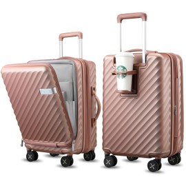 LUGGEX Carry On Luggage with Cup Holder and Front Pocket, Expandable PC Hard Shell Suitcase (Rose Gold, 20 Inch)