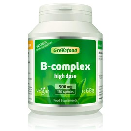 Greenfood B-Complex, 560 mg, high dose, 120 Capsules - All Vitamins of the B Group. Contributes to the Maintenance of Energy (B12), Nervous and Immune System (B6), Normal Skin and Hair (B7).Vegan