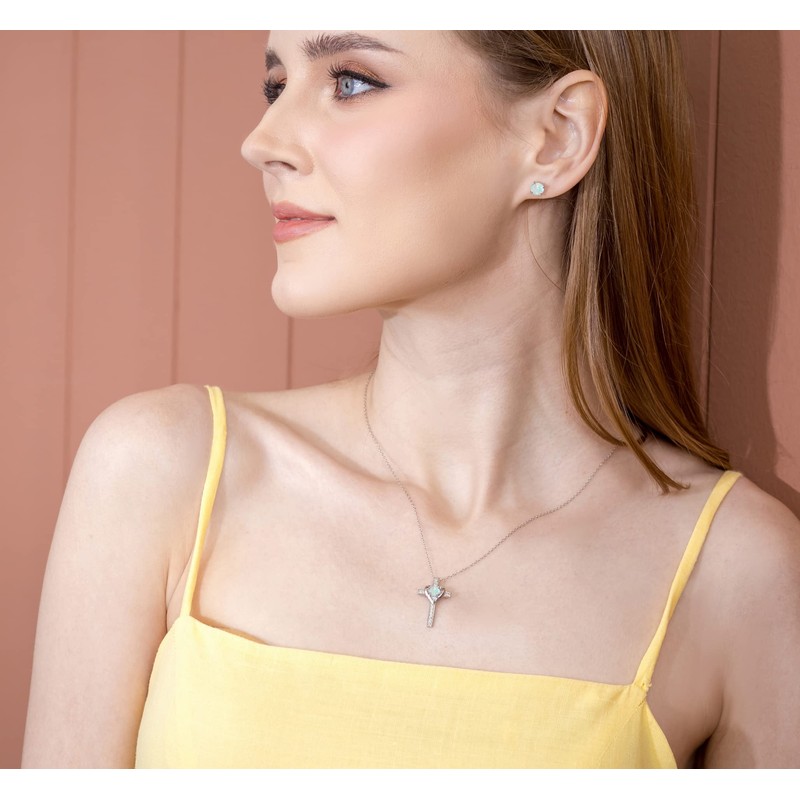 B. BRILLIANT Sterling Silver Synthetic White Opal Heart Cross Pendant