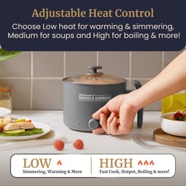 Elite Gourmet NOODLE EXPRESS™ Hot Pot, Prepare Ramen, Rice, Soups, Stews, Boil Water, Stainless-Steel Interior, Glass Lid, High/Low/Off Settings, Grey