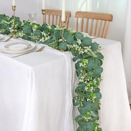 Dremisland Artificial Eucalyptus Garland 2 Packs 5.9Ft Silver Dollar Boston Fern Greenery Garland with White Flowers Eucalyptus Leaves Vines for Wedding Party Mantle Table Home Decor (Green, 2PCS)