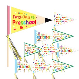 First Day of Preschool Banner Flag Welcome to Preschool Pennant Banner First Day of Kindergarten Flag Sign Centerpiece Sticks with Ribbons for Back to School Classroom Decoration,12 Pcs